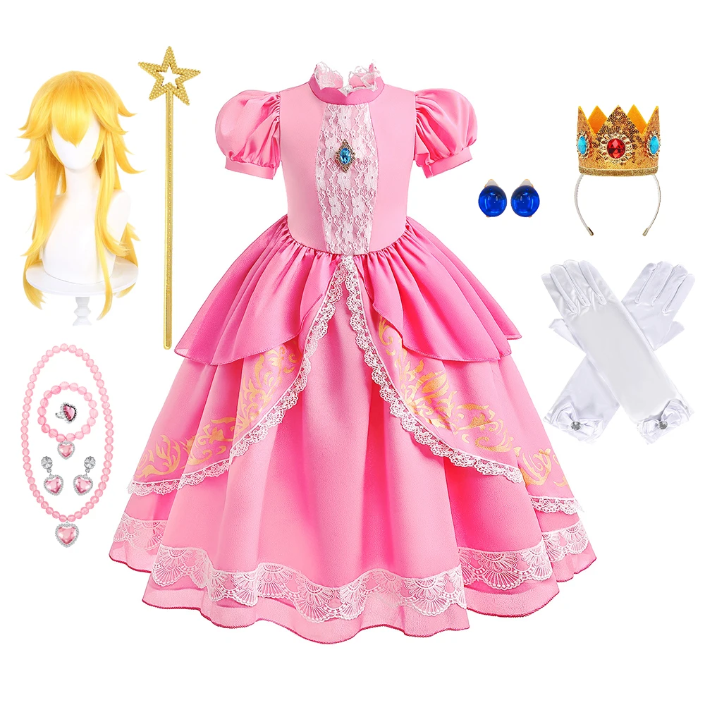 

Girl Peach Dress up Pink Cosplay Dresses Lace Ball Gown Costume Kid Cute Clothing Frock