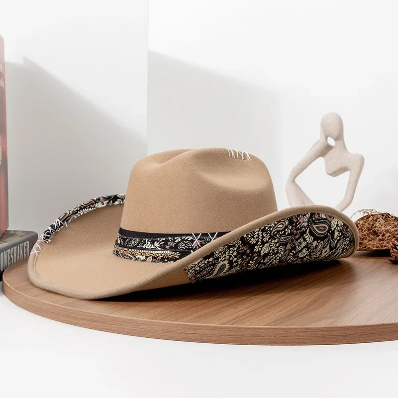 ربيع الخريف قبعة رعاة البقر الغربية للنساء الرجال خمر ورأى قبعة واسعة حافة مع ريشة النمط الغربي حفلة فيدورا #4
