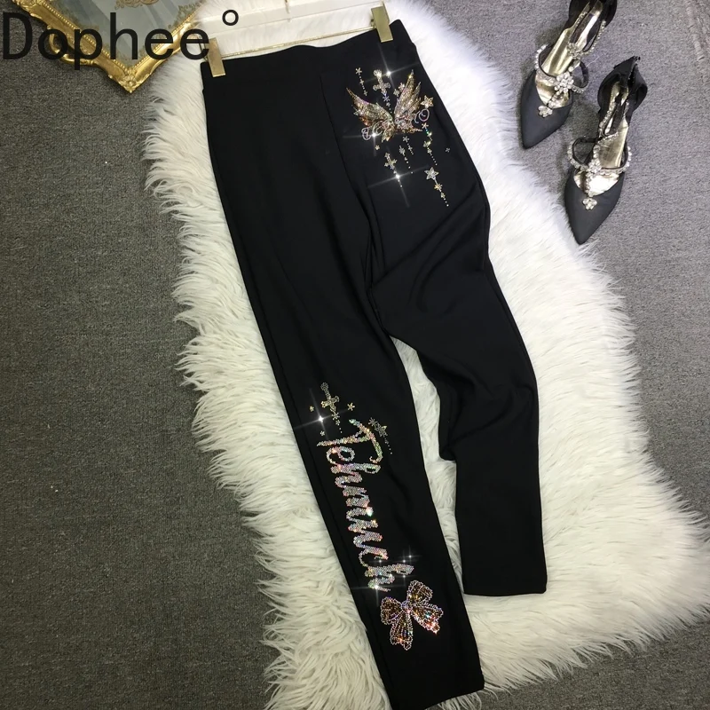 

Fashion Lady Autumn Winter Women Leggings All-match High Waist Pencil Pants Letters Hot Drilling Black Ankle-length Leggings