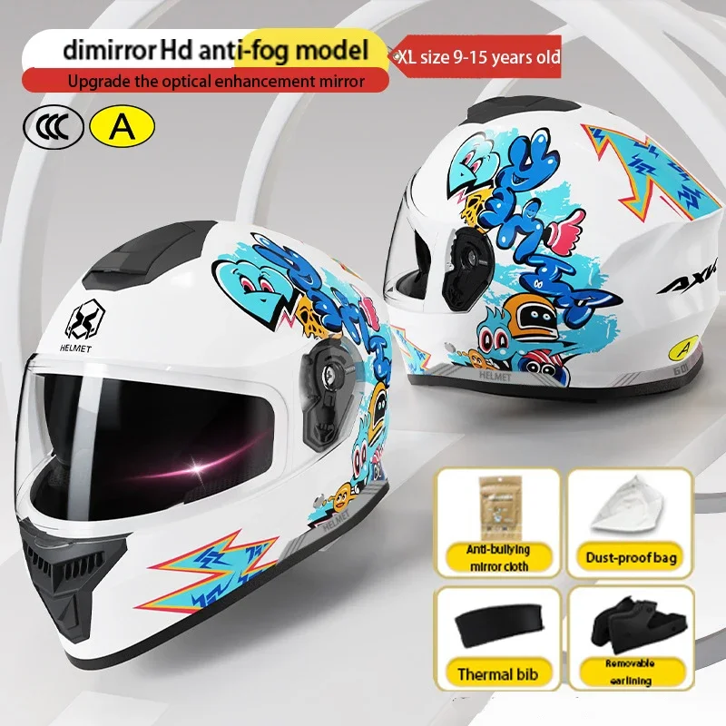 Casco de cara completa abatible para Moto de niño de dibujos animados para niños y niñas, casco de seguridad de carrera de motocicleta eléctrica de Material PP con doble visera