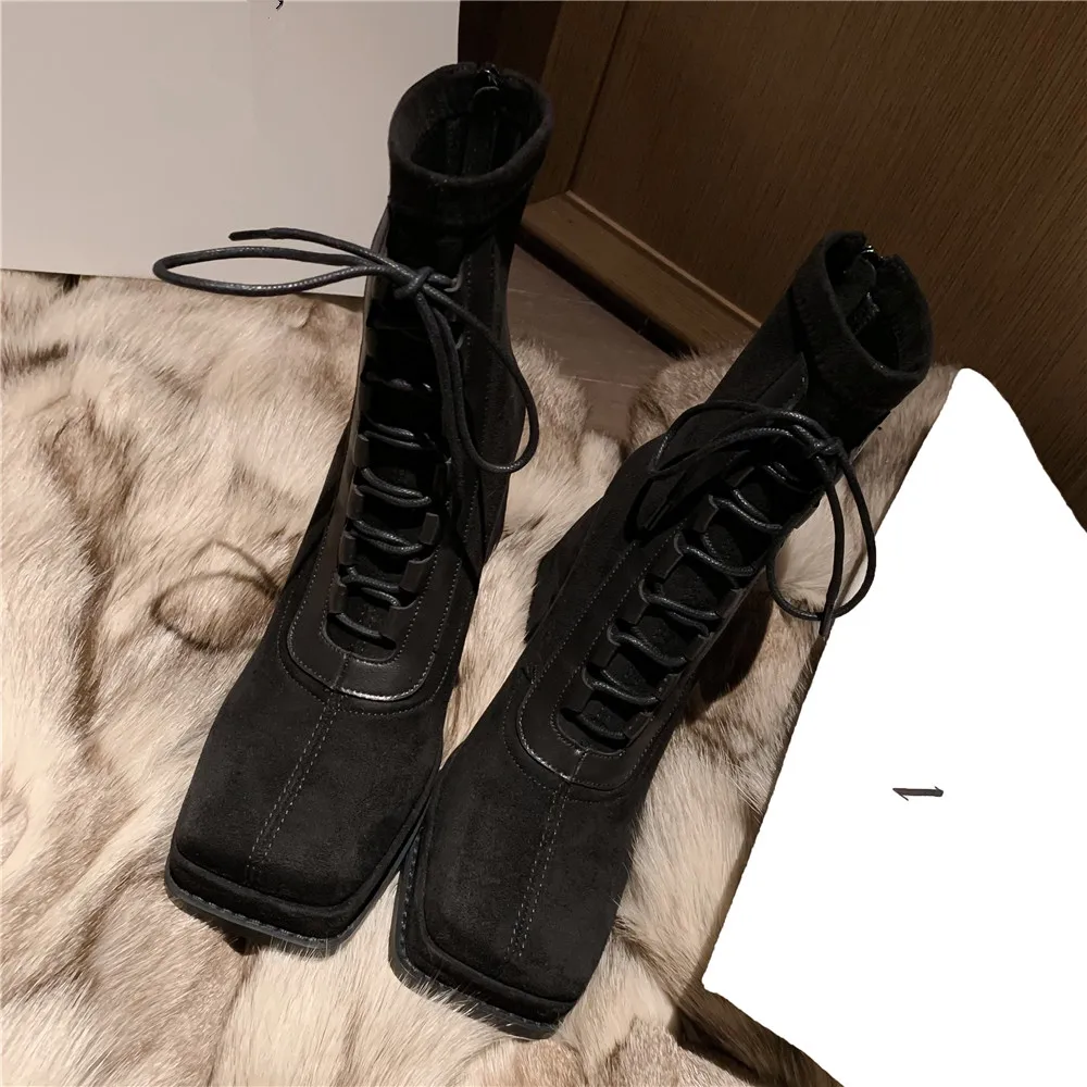 MILI-MIYA Classic Square Toe Women Stretch Flock Ankle Boots Thick Heels Zippers Solid Color Plus Size 34-42 Handmade For Ladies