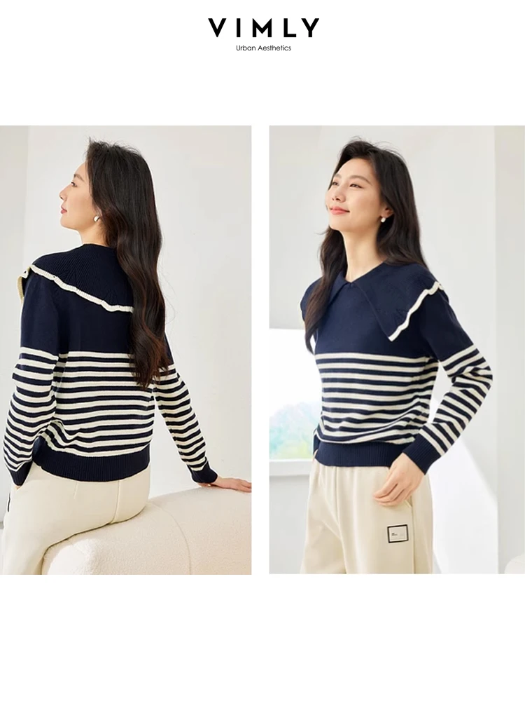 Vimly Contrast Striped Pullover Sweater Lapel Long Sleeve Knitted Tops for Women 2023 Autumn High Strecth Jumpers Knitwear 72236