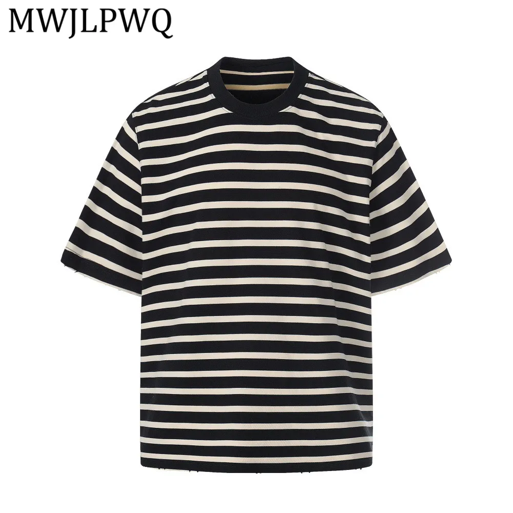 

MWJLPWQ Мужская футболка в американском уличном стиле с полосками, повседневная, с эффектом потертости, с круглым вырезом, с коротким рукавом, модная уличная одежда, лето 14359