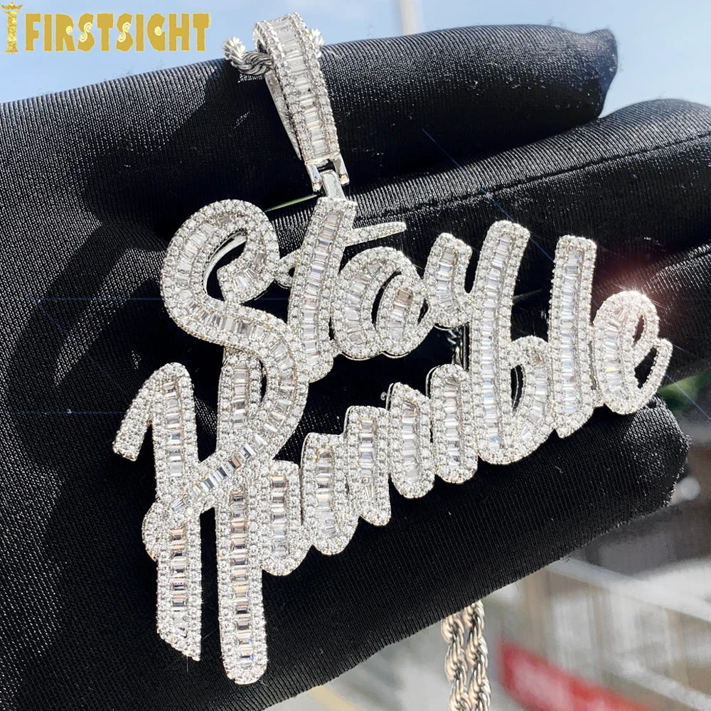 New Iced Out Bling Cursive Letter Stay Humble Pendant Necklace Gold Color Full CZ Zircon Charm Men Fashion Hiphop Jewelry