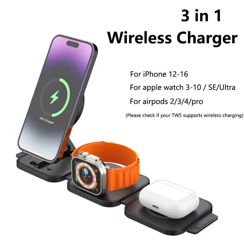 3 in 1 Wireless Charger Magnetic For iPhone 16 15 14 13 12 Fast Charging Station Dock For Apple Watch 10 9 8 7 6 5 For Airpods - Detail 1