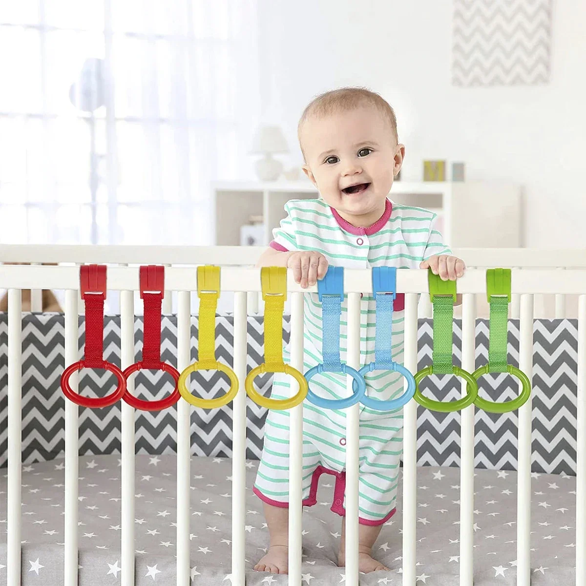 vvocci 4pcs Baby Crib Pull Rings for Walking Training Baby Cot Rings Walking Assistant Rings Stand up Ring Protection Ergonomic