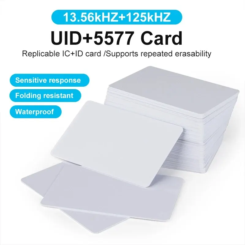 10pcs Dual Frequency RFID 125KHz T5577 +13.56MHz UID Rewritable White Cards Access Control Dual Chip Replicable Composite Tags