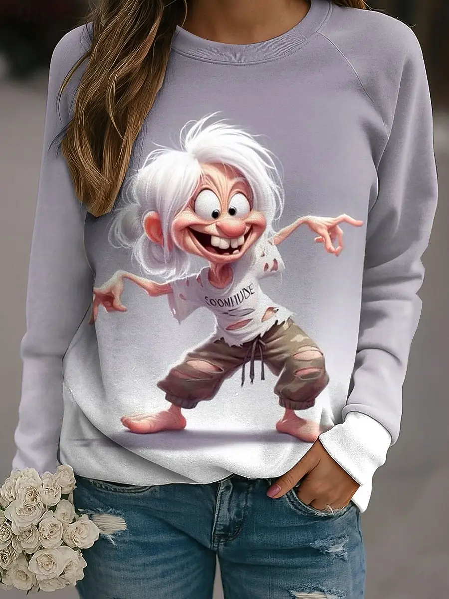 

Осенне-зимний пуловер, женский забавный старый женский свитшот, модный топ с 3D принтом и круглым вырезом, длинными рукавами, женская одежда, уличная одежда Y2K