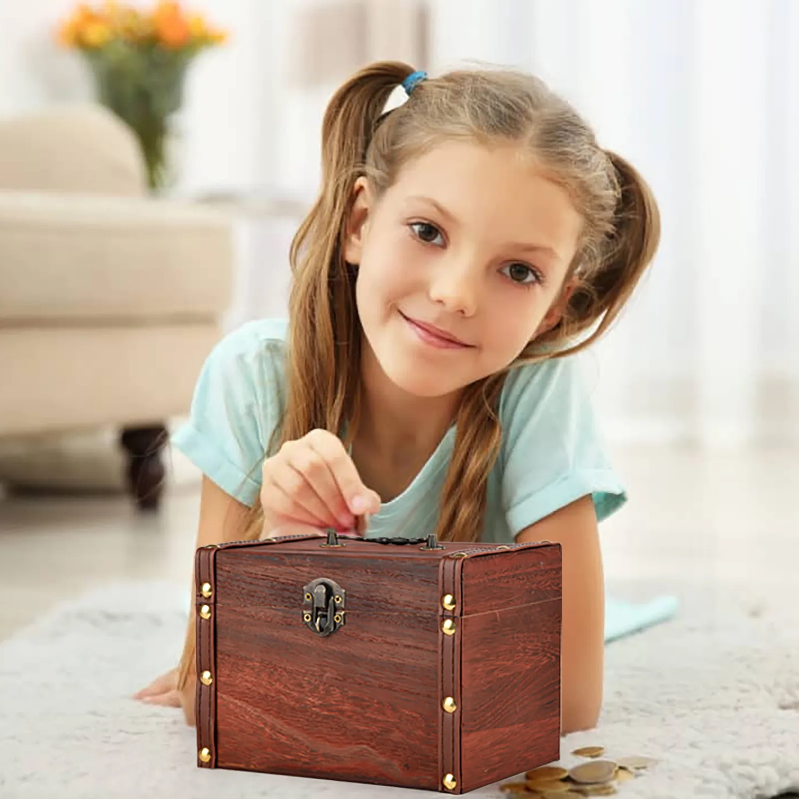 大きな木製豚の貯金箱金庫貯金箱ロック付き木彫り手作り