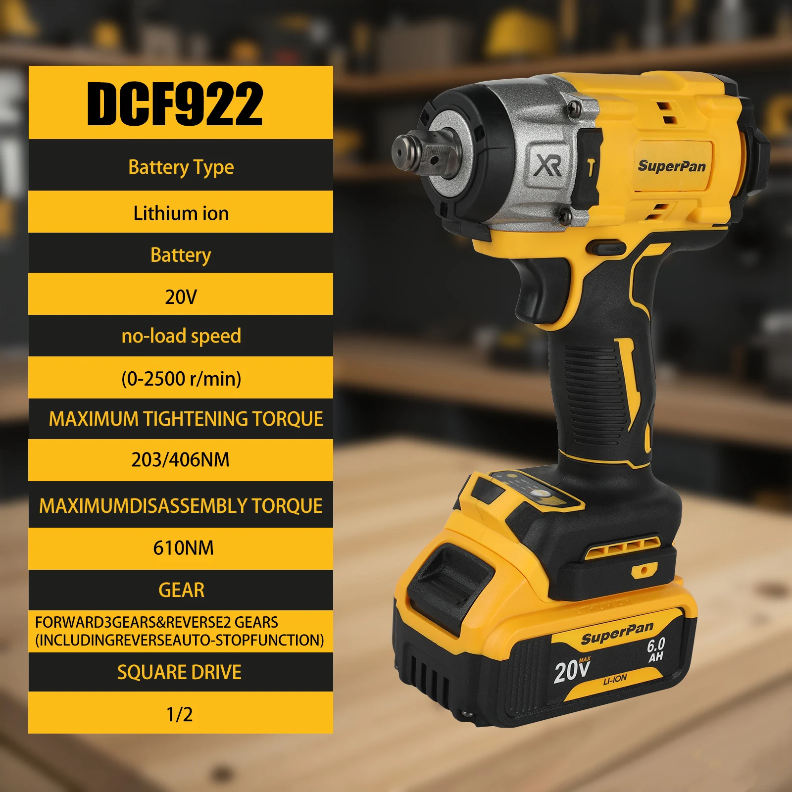 

Superpan DCF922 ATOMIC 20V MAX 1/2 in. Impact Wrench Variable Speed Cordless Detent Pin Anvil Bare Tool