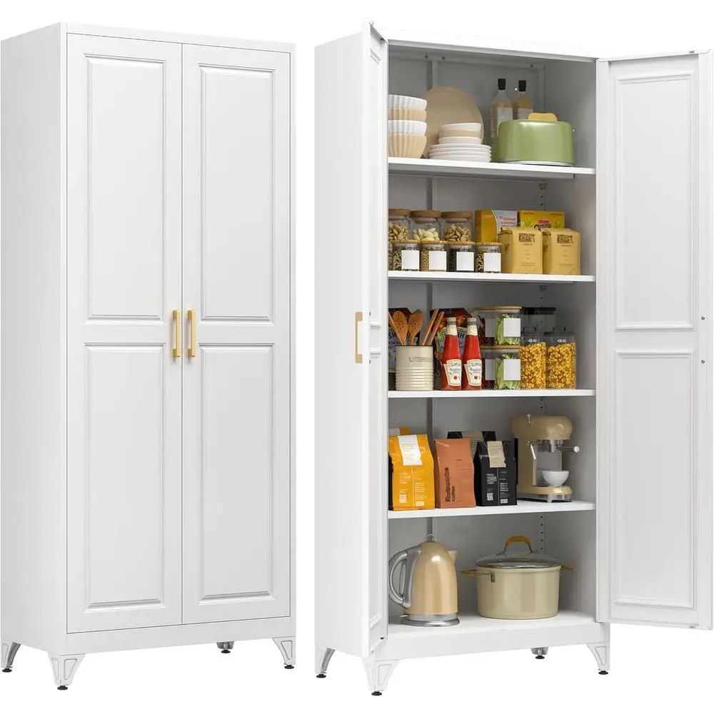 

75” Tall Metal Pantry Storage Cabinet with Doand 4 Shelves, White Kitchen Pantry Cabinet, ern reestanding Cupboard or Living, Di