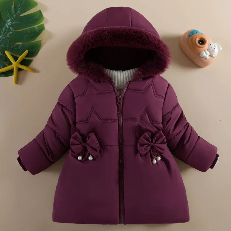 1 2 3 4Y Winter Girls Jacket 5 Color Little Bow Pearl Decoration Lining Plush Thick Hooded Coats For Kids Children Cute Outwear