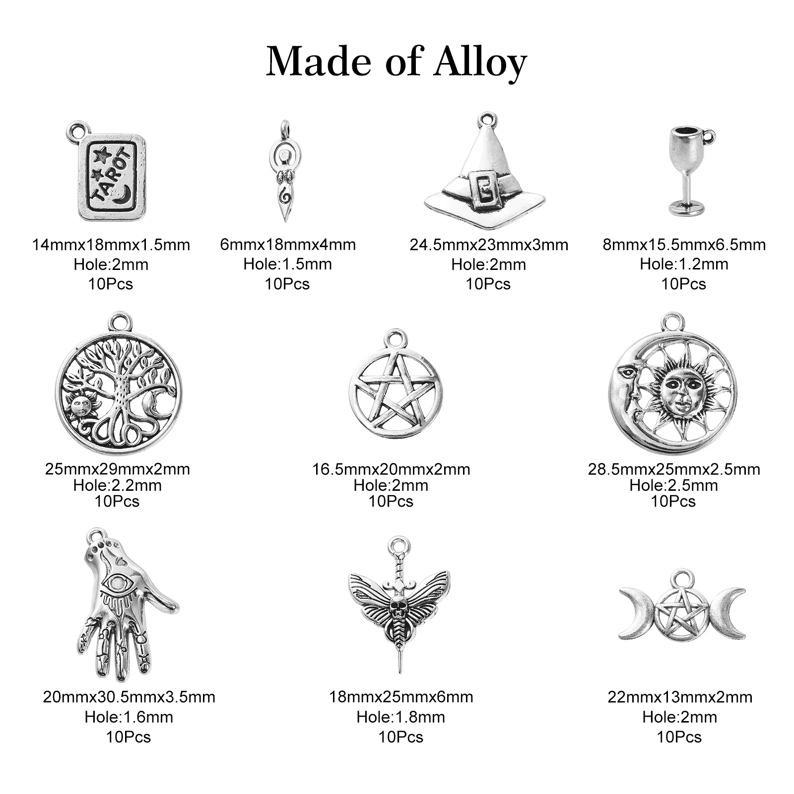 Pandahall 100Pcs 10 Styles Tibetan Religious Charms Wizardry Worshippers Theme Charms Tarot Card Charms for Jewelry Making DIY