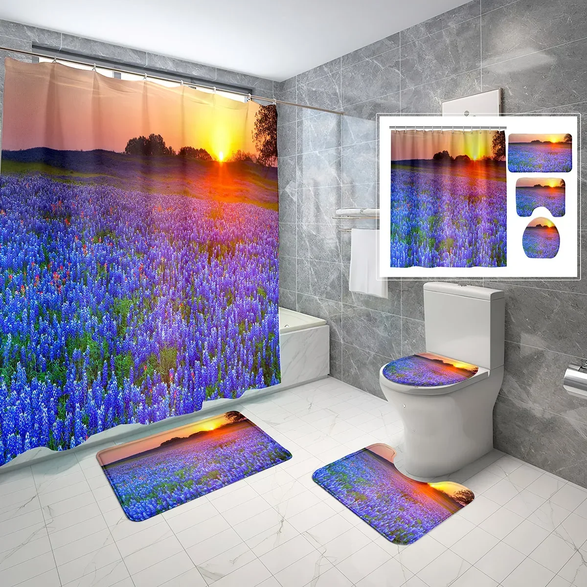 

4-х шт., наборы занавесок для душа с кантри-пейзажем, закат, небо, луг, цветы, нескользящий коврик для ванной, крышка для унитаза, водонепроницаемый набор занавесок для душа