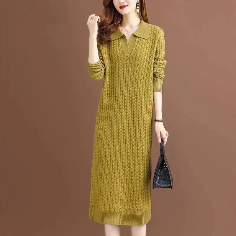 Autumn And Winter New Thick Sweater long New Lapel Knitted Korean Version Loose Fitting Dress Women's Fashionable High-End Dress