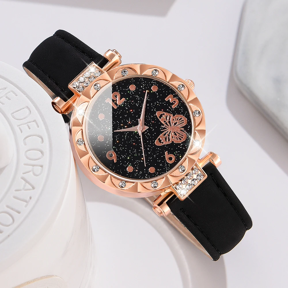 1PCS Simple Luxury Butterfly Element Leather Strap Watch Black Casual Fashion Quartz Watch Is The Perfect Gift For Her (No Box)