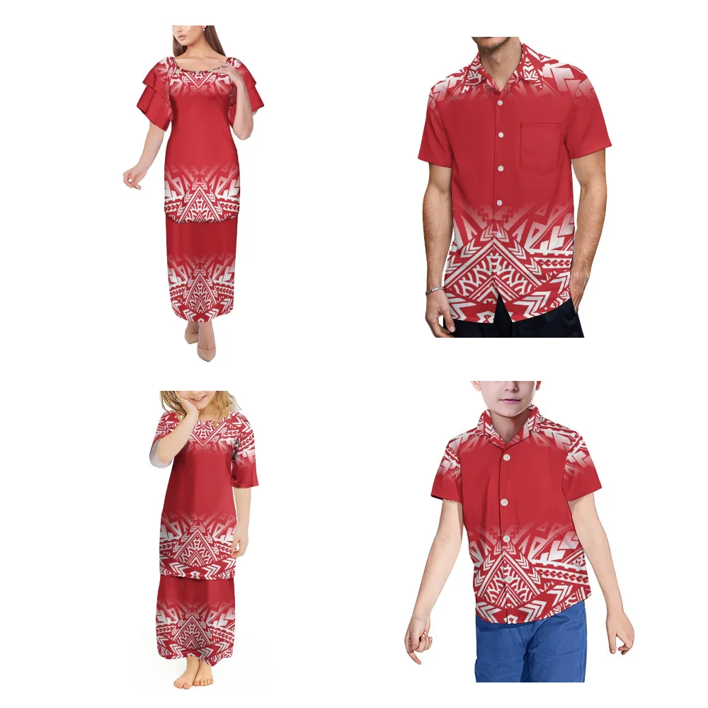 

Polynesian Tribal Style Custom Family Clothing Travel Holiday Set Mother-Daughter Puletasi Dress Father And Son Casual Shirt