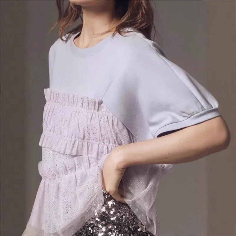 Fashionable Loose Casual Short-sleeved Top Women's Summer Elegant Mesh Stitching Three-dimensional Round-neck Versatile T-shirt