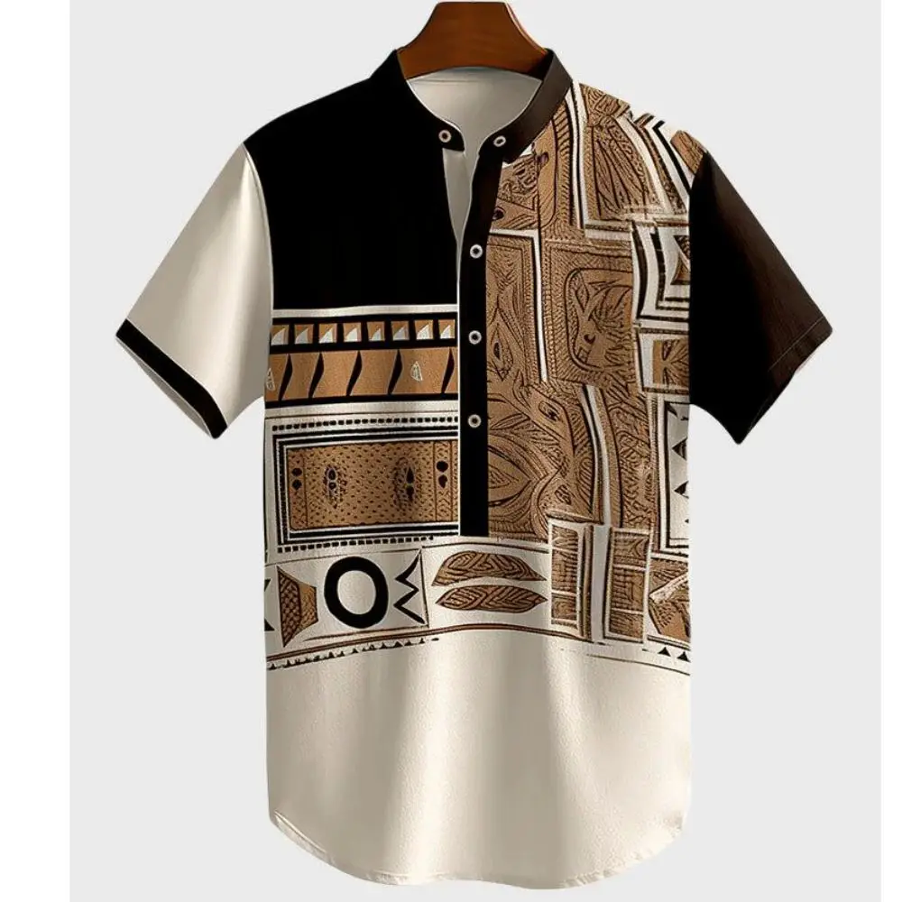 Vintage Henley Men's T-Shirt 3D Tribal Style Oversize Thickened Autumn  Collar Nine Sleeve Lengthened Fleece Lined Clothing