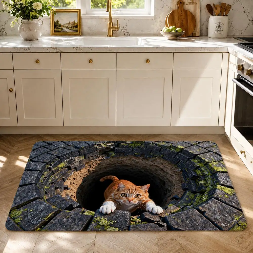 Cute Ginger Cat Peeking Hole Floor Mat Flannel Rug Soft Non Slip Washable Door Mat For Bathroom Bedroom Kitchen Home Decor
