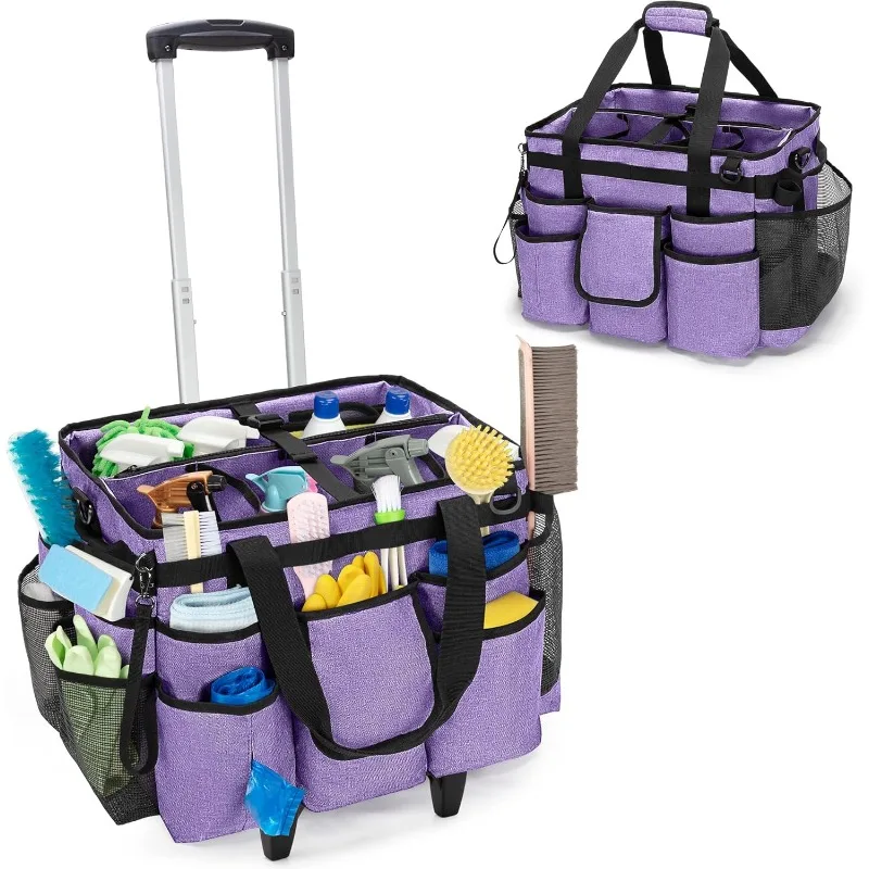 2025 Rolling Cleaning Bag with Detachable Trolley,  Caddy with Shoulder Strap for Housekeepers, Purple (Patent Design)