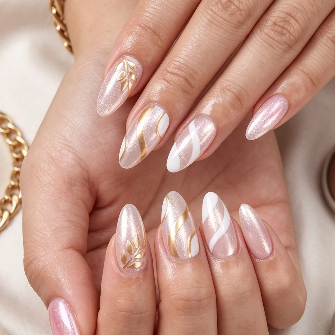 24 handmade almond nails. Glitter pink base with golden leaf patterns and white stripe design. Reusable, sweet elegant style for
