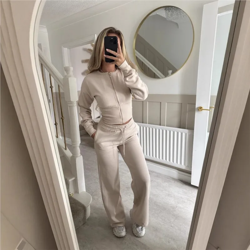 

Women's Autumn Winter New 2-Piece Set Fashion Solid Color Long Sleeve Zip Cardigan+Drawstring Waist Straight Pants Casual Outfit