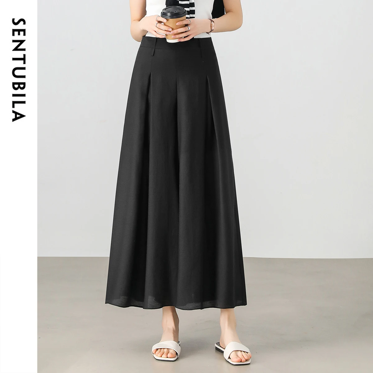 SENTUBILA Black Lyocell Women's Skirts Pants 2025 Elegant High-waist Wide-leg Pants Folds Ankle Length Trousers Lady 152K59026