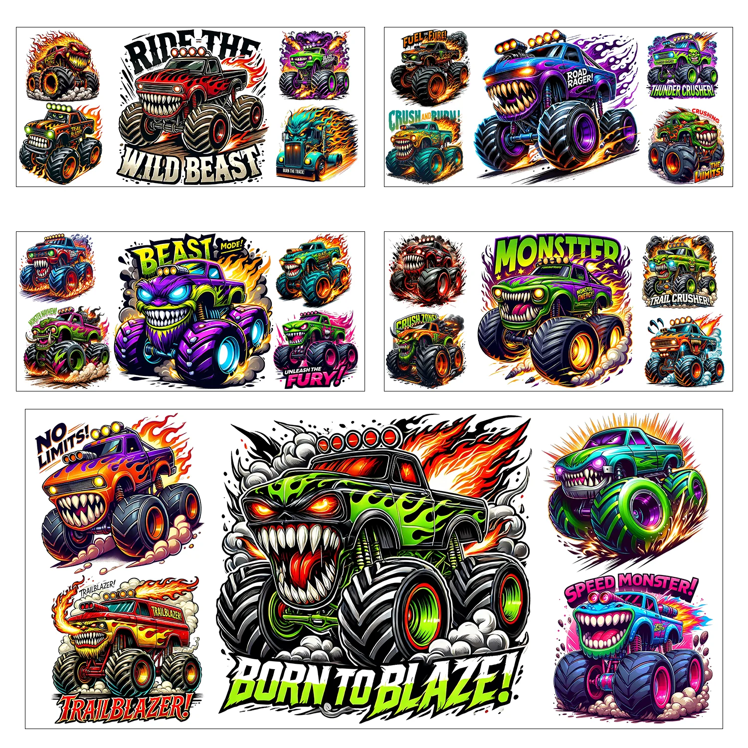 

5/10 sheets Monster Trucks easy peel waterproof DIY Decals 3D transfers uvdtf crystal stickers 16oz uv dtf cup wraps