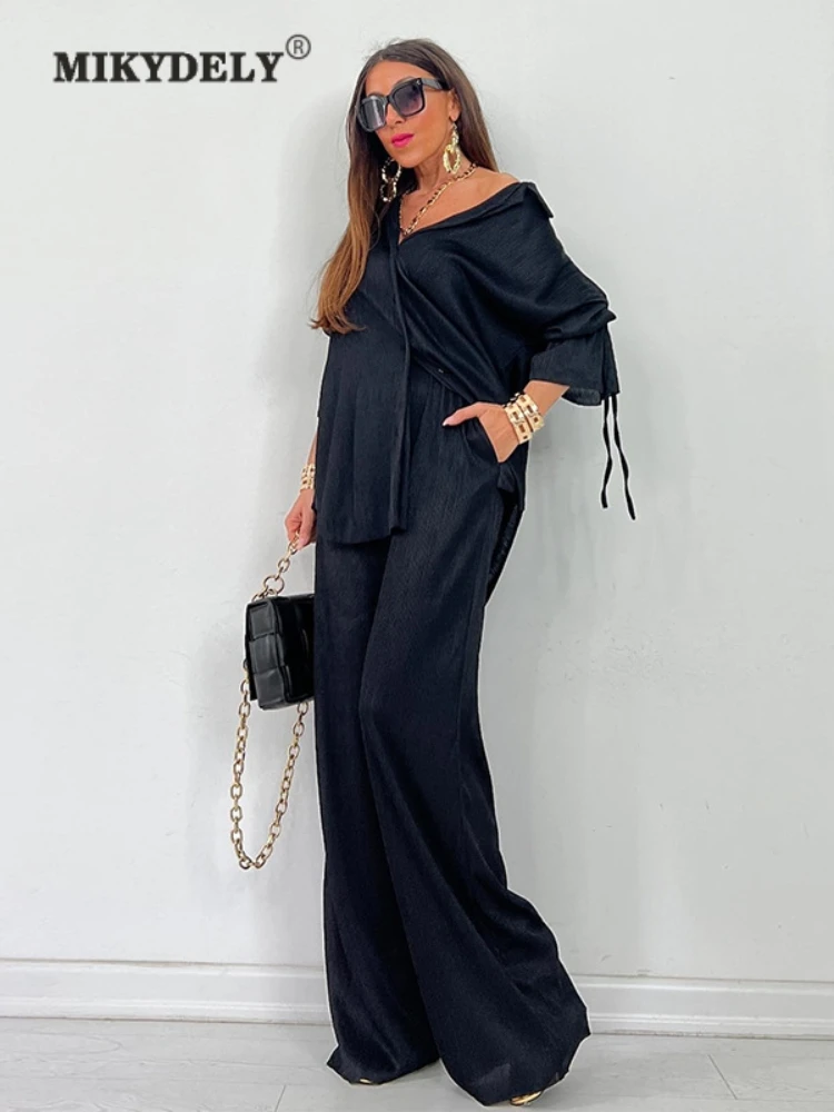 Mikydely Autumn New Large Size Loose Temperament Lapel Shirt Wide Leg Trousers Casual Suit