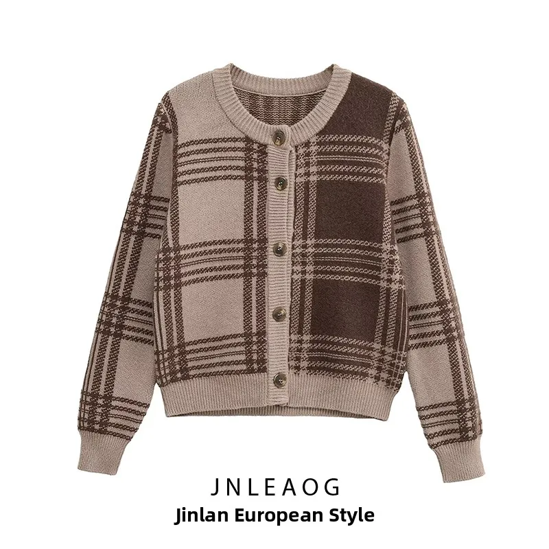 سترة نسائية جديدة من JNLEAOG لفصل الخريف، تصميم عصري بنقشة مربعات وأكمام طويلة وياقة مستديرة، مصنوعة من ألياف البوليستر، كارد... #4