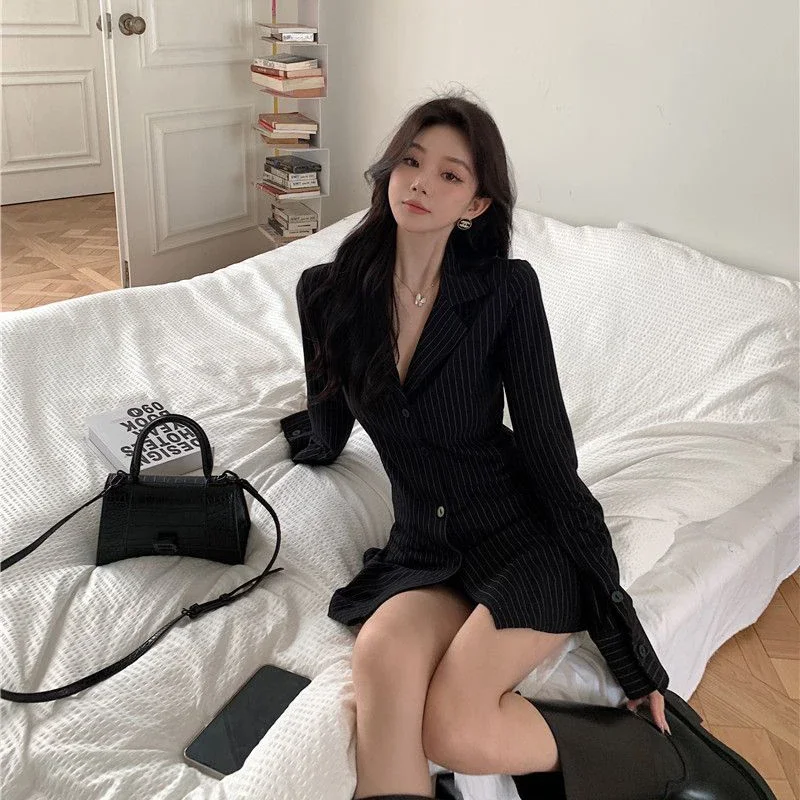 MEXZT Black Striped Blouses Women Korean Sexy V-Neck Slim Shirts Office Lady Fashion Elegant Long Sleeve Tunics Casual Tops New