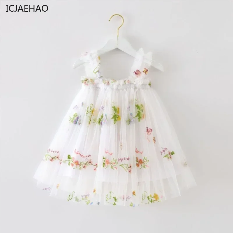 Vestido de alça sem mangas para meninas, roupas de festa de princesa, bordado de flores, infantil, criança, fantasia infantil, aniversário, 2025