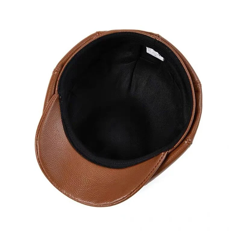 Spring New Genuine Leather Hat Cap Cowhide Beret Warm  Cotton Men Padding Brand Brown/Black Duck Hat