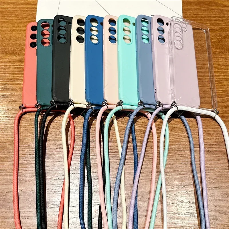 

Crossbody Lanyard Candy Color Case For Samsung Galaxy S24 S23 S22 S21 S20 FE Plus Note 20 Ultra Silicone Soft TPU Back Cover