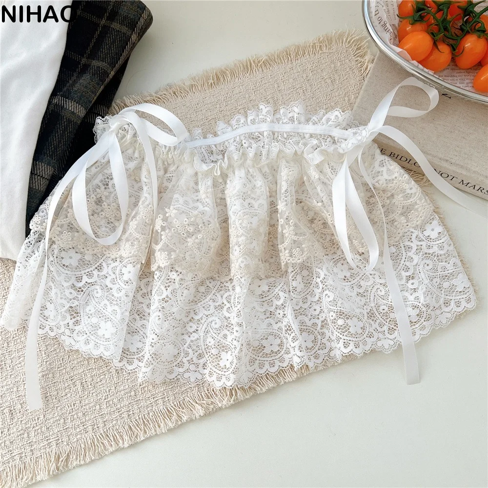 

Sweet Balletcore White Lace Fart Curtain Lace Up Ballet Style Ruffle Short Skirts Layered Elastic Mini Lace Skirts Streetwear