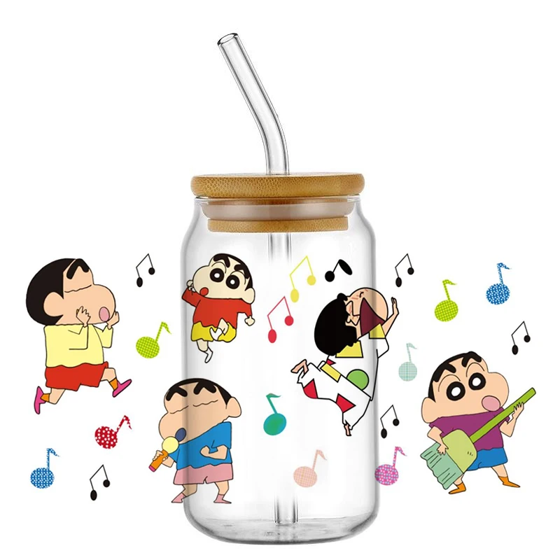 MINISO 3D Japanese Cartoon Boy Crayon Shin-chan Decal 16oz Libbey UV DTF Cup Wrap DIY  Mug Waterproof Transfer Sticker