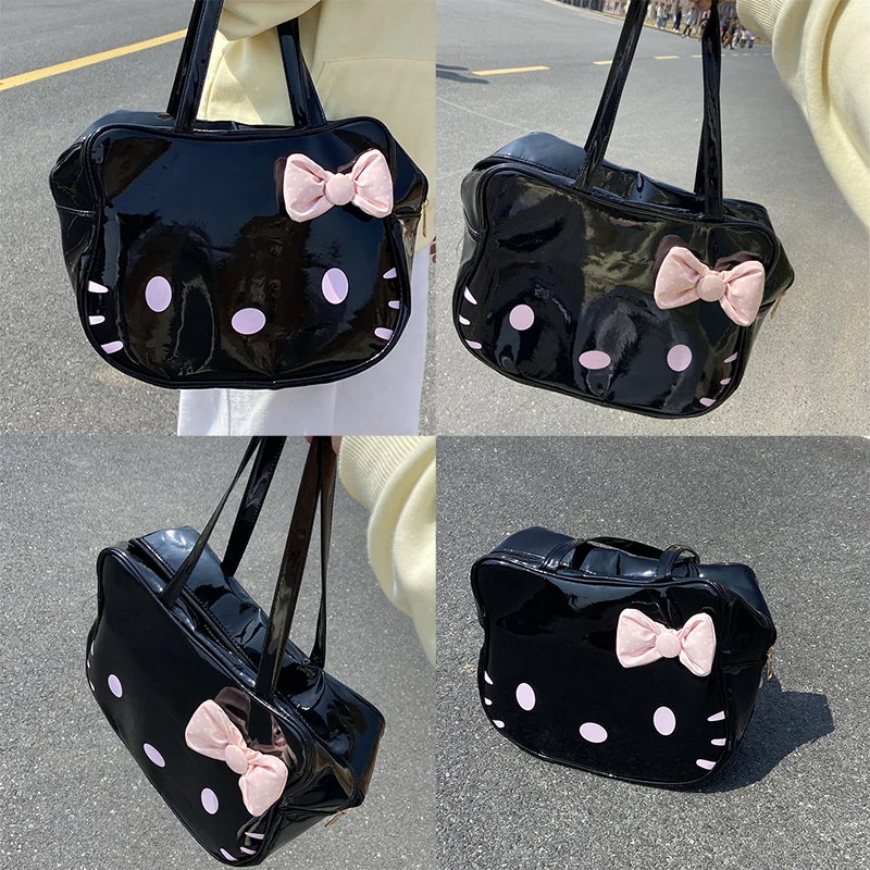 Hello Kitty Kawaii borsa Sanrio Cartoon Bow Y2K Pu Leather impermeabile durevole studente Versatile borsa a tracolla di grande capacità