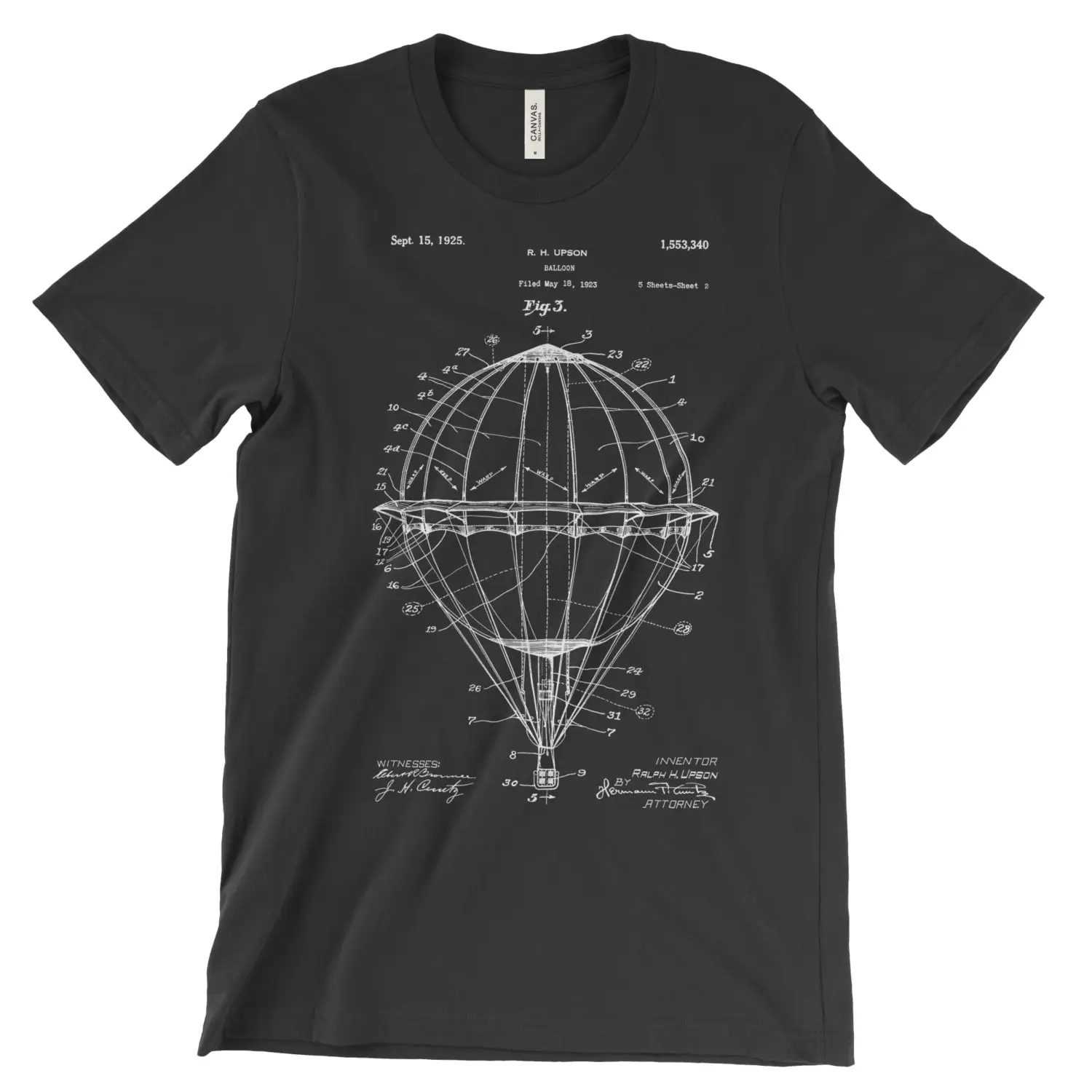 Hot Air Balloon Patent T Shirt Ballooning Balloonist Art Clothing Soft Cotton Black White Red or Gray