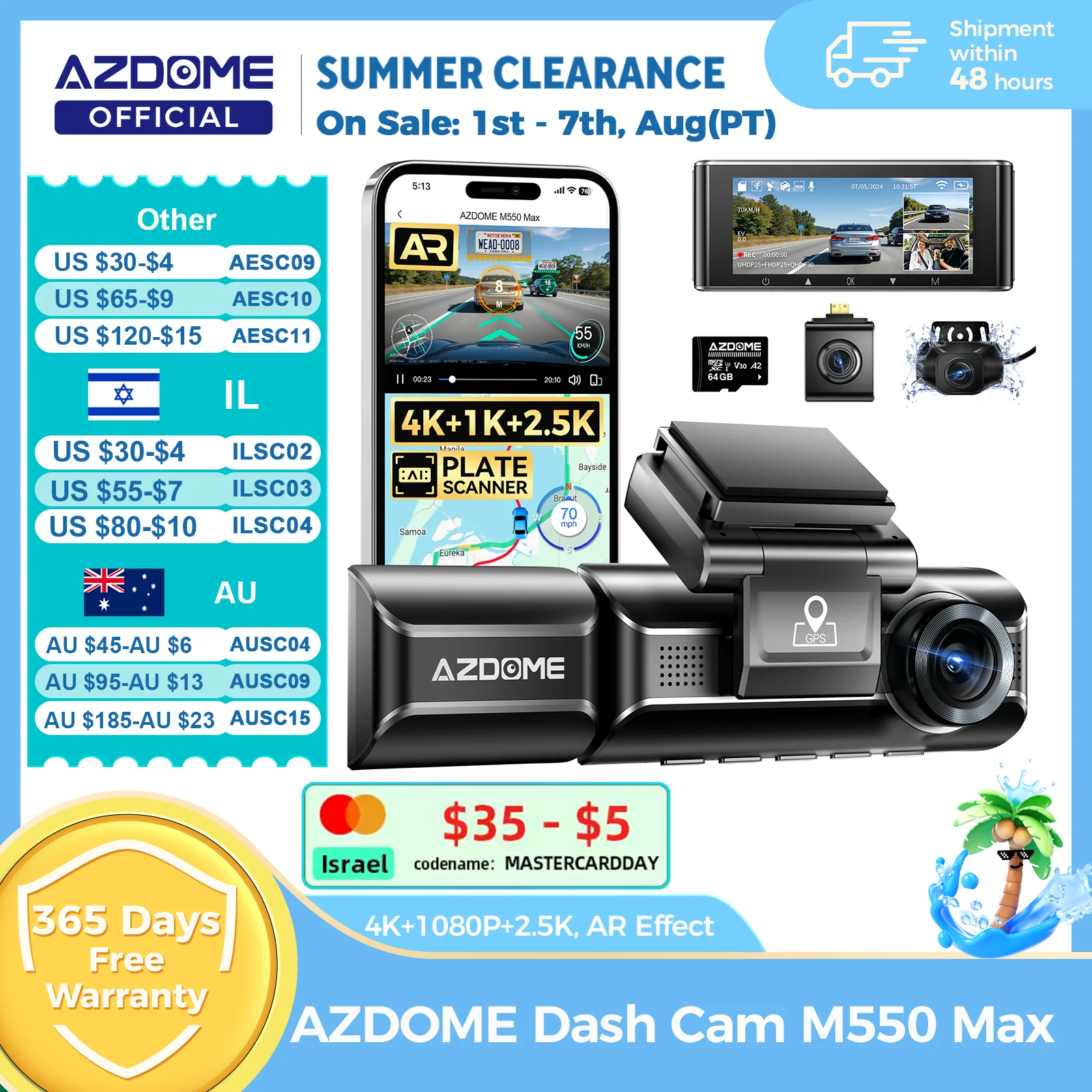 AZDOME 4K 대시 캠 M550 Max 내장 GPS Wifi 카메라 자동차 DVR 3.18