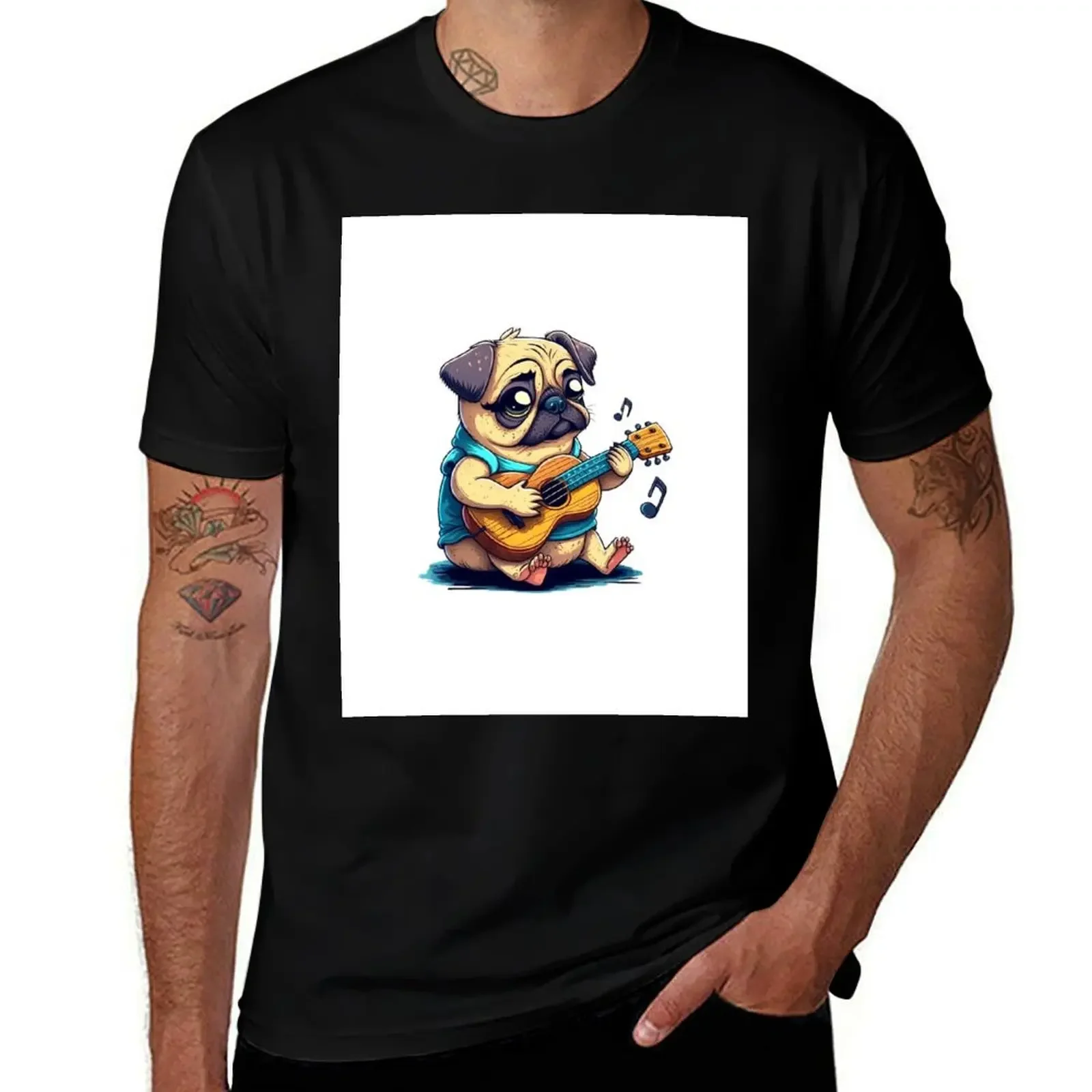 Cute Cartoon Pug Dog Playing Ukulele T-Shirt graphic t shirts plus sizes shirts graphic tees Men's clothing