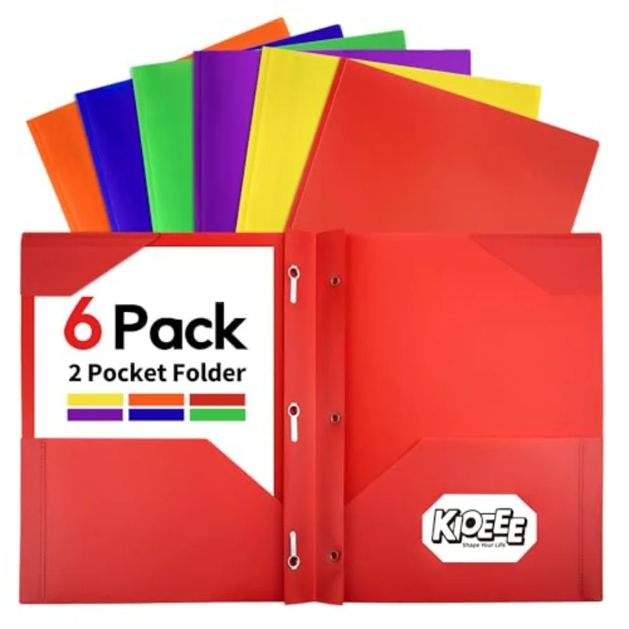 

Plastic Folders with Pockets and Prongs, 6 Pack Assorted Color Folders with Prongs, 3 Prong Folders with 2 Pockets, Tear Resist