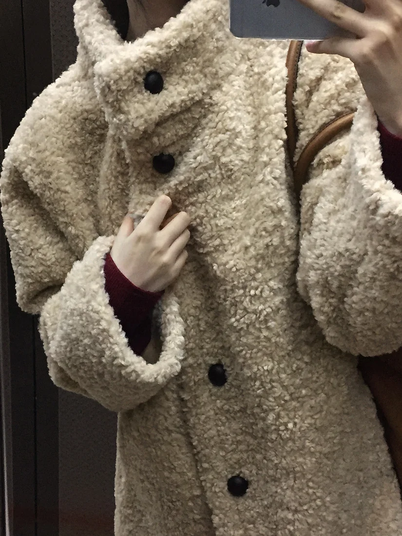 

Chic Double-Row Button Women's Winter Faion Fur-Inteated Stand Collar Mid-Length Warm Coat Sli Commute Woolen Coat