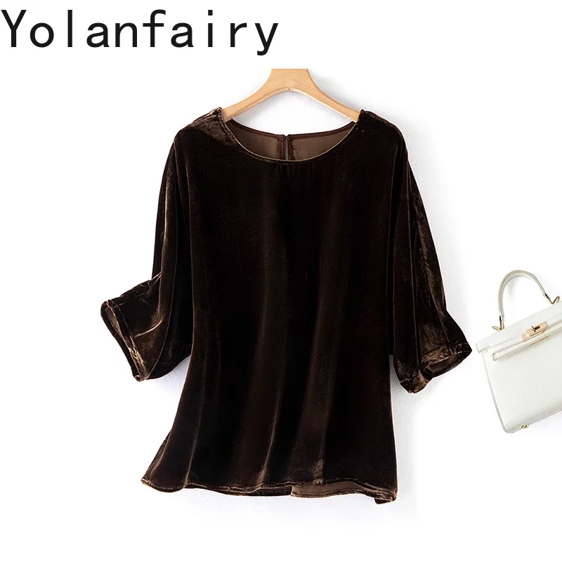 

YOLANFAIRY French Elegant 100% Mulberry Silk Velvet Blouse Woman 2025 Three-quarter Bat Sleeve Top Blouses Brown Ladies Blouse