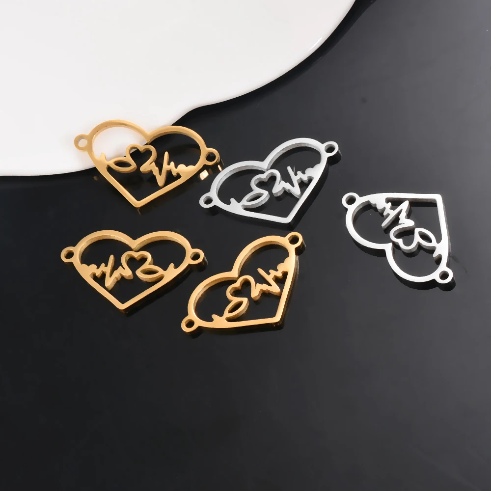 10pcs/lot Stainless Steel Heart Pendants ECG Charms Connector for DIY Jewelry Making Findings Necklace Components Accessories