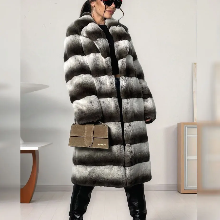 Cappotto di pelliccia di coniglio Rex reale da donna cincillà di lusso Moda invernale Pelliccia di coniglio Rex naturale Capispalla spesso Cappotto di pelliccia genuina femminile