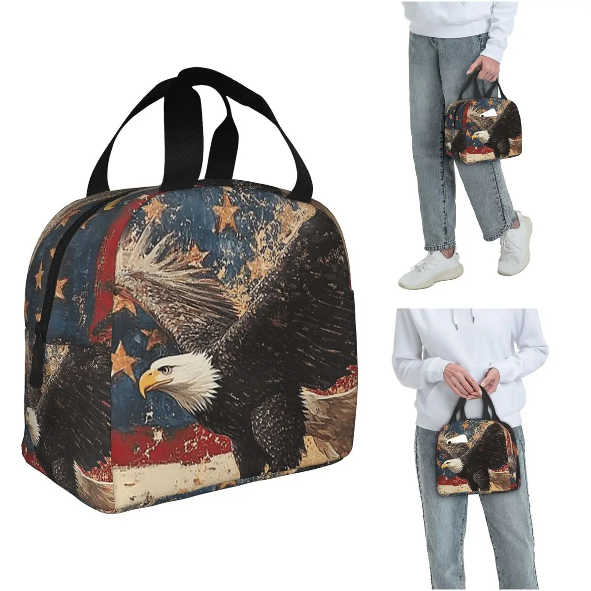 Isolierte Lunchtasche mit Vintage-Motiv der amerikanischen Flagge und Adler für Damen und Kinder, auslaufsichere Lebensmittelboxen, Thermo-Lunchbox-Tragetasche