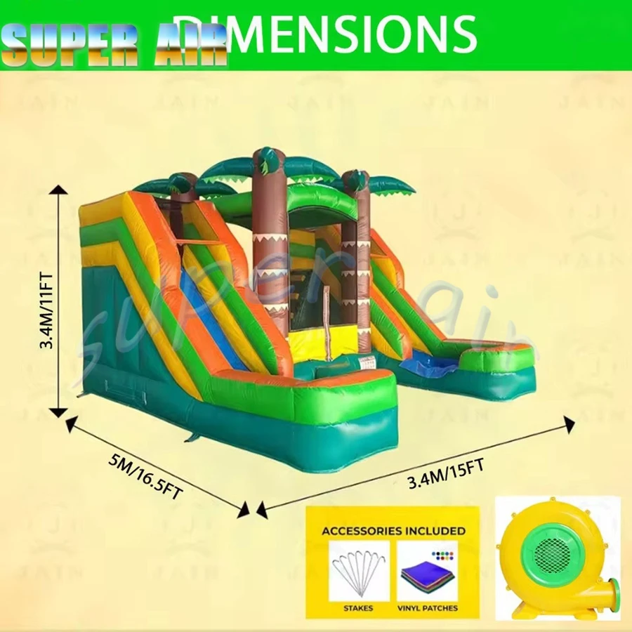 Casa de salto inflável portátil tropical dupla corrediça de água combo molhada ou seca castelo de casa inflável para aluguel de festa ao ar livre