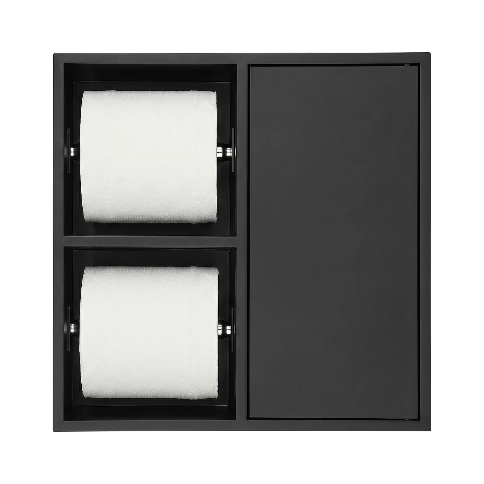 Stainless Steel Recessed Toilet Paper Niche With 2 Open Roll Spindles & 1 Press-to-Open Closed Cabinet, 110lbs Load Capacity Wall Mounted Bathroom Tissue Storage Organizer, Black/White/Titanium Gold Toilet Roll Holder