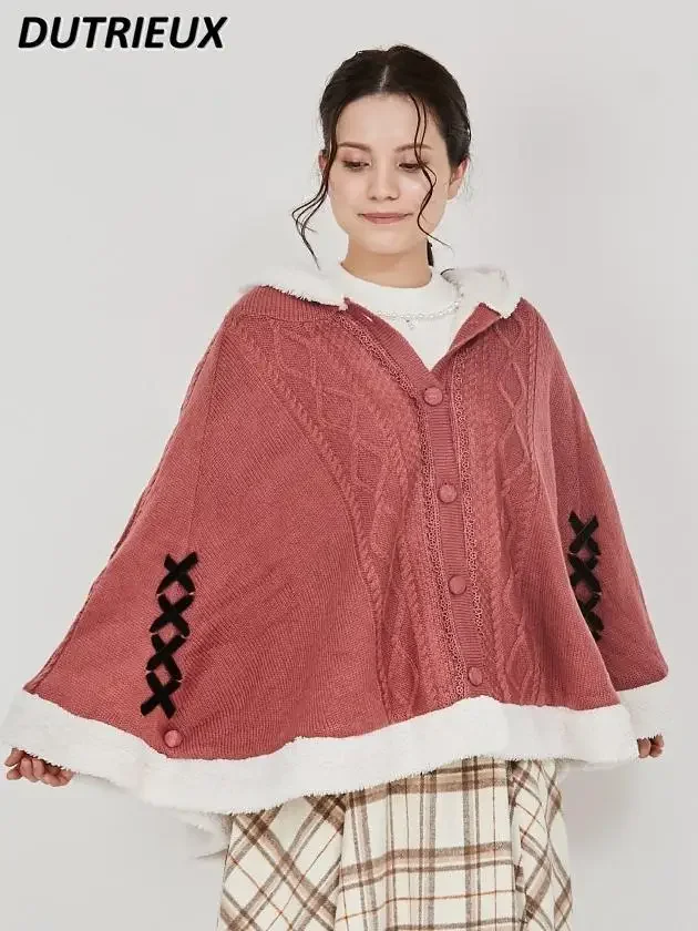 

Japanese Style Retro Sweet Girl Furry Lining Burr Edge Cadigan Autumn Winter Velvet Lace-up Single-breasted Hooded Cape Jacket